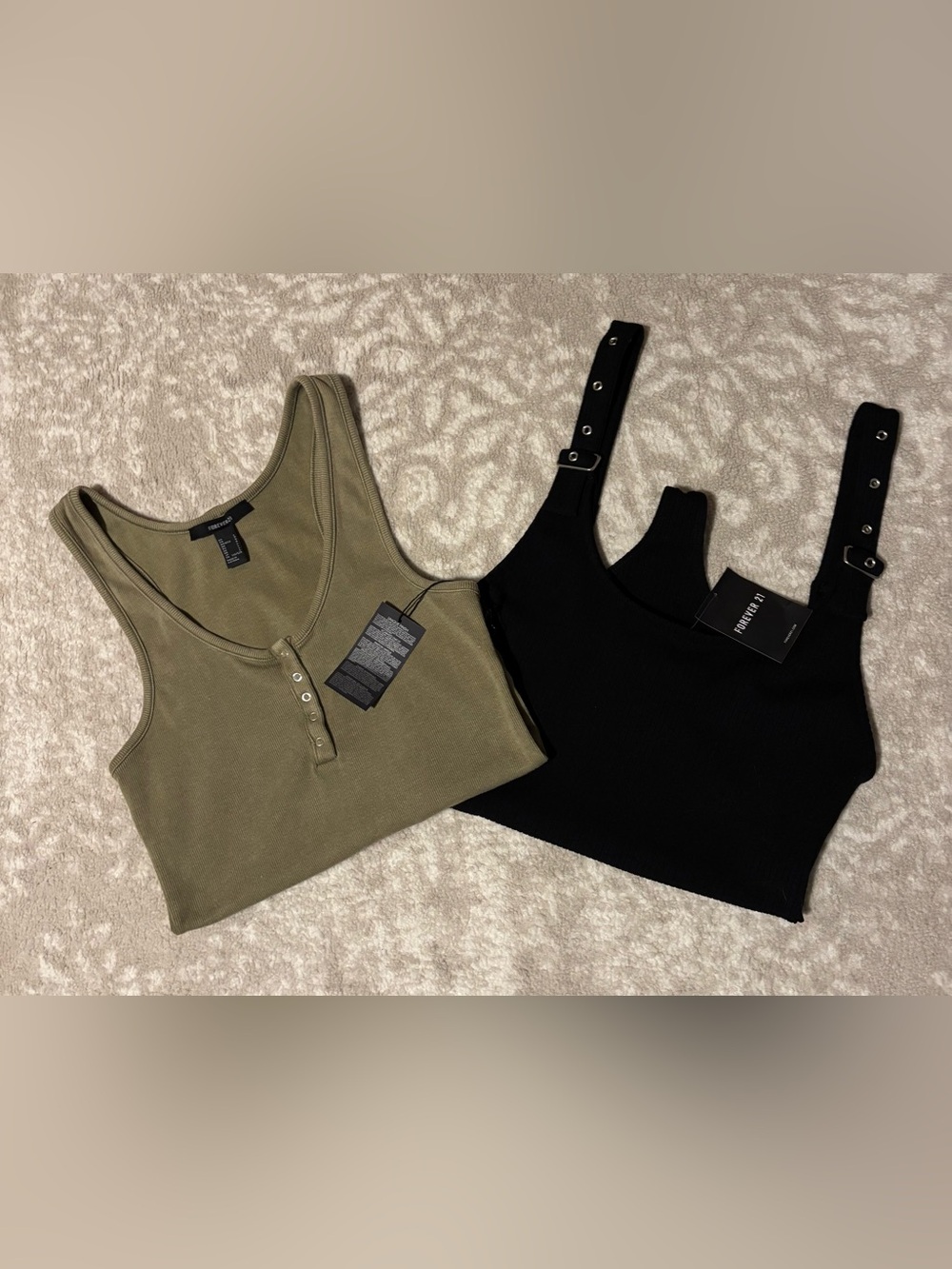 Forever 21 Bodysuit Bundle - Ribbed Black & Olive Button Closure Bottom Large